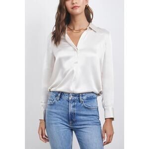 Rails Nissa Ivory Satin 3/4 Button Long Sleeve Curved Hem Collar Blouse L